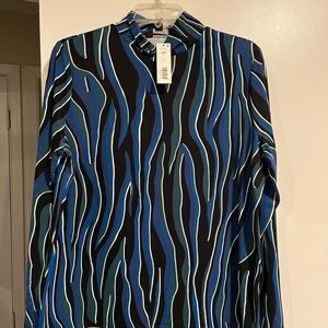 Investments Womens Long Sleeve Black Blue Striped Blouse